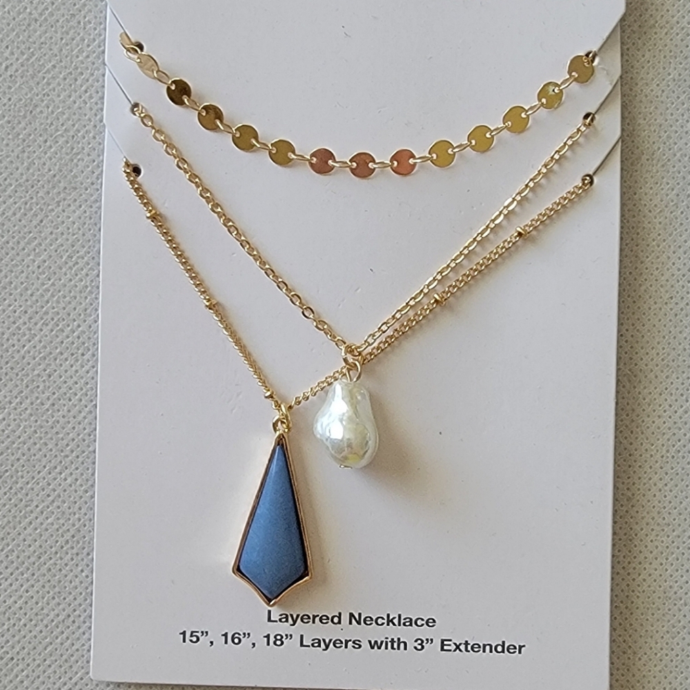 Layered Necklace Pearl Drop Blue Pendant Gold Tone